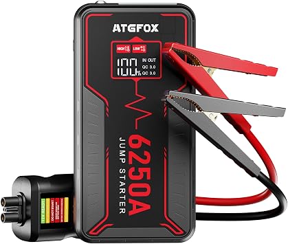 6250A Car Battery Jump Starter, 12V Portable Jump Box for 10L Gas/6.5L Diesel Engines, Battery Booster Pack with Smart LCD Jumper Cables, 0V Force Start, 48-Month Standby, 18W USB-C Power Bank