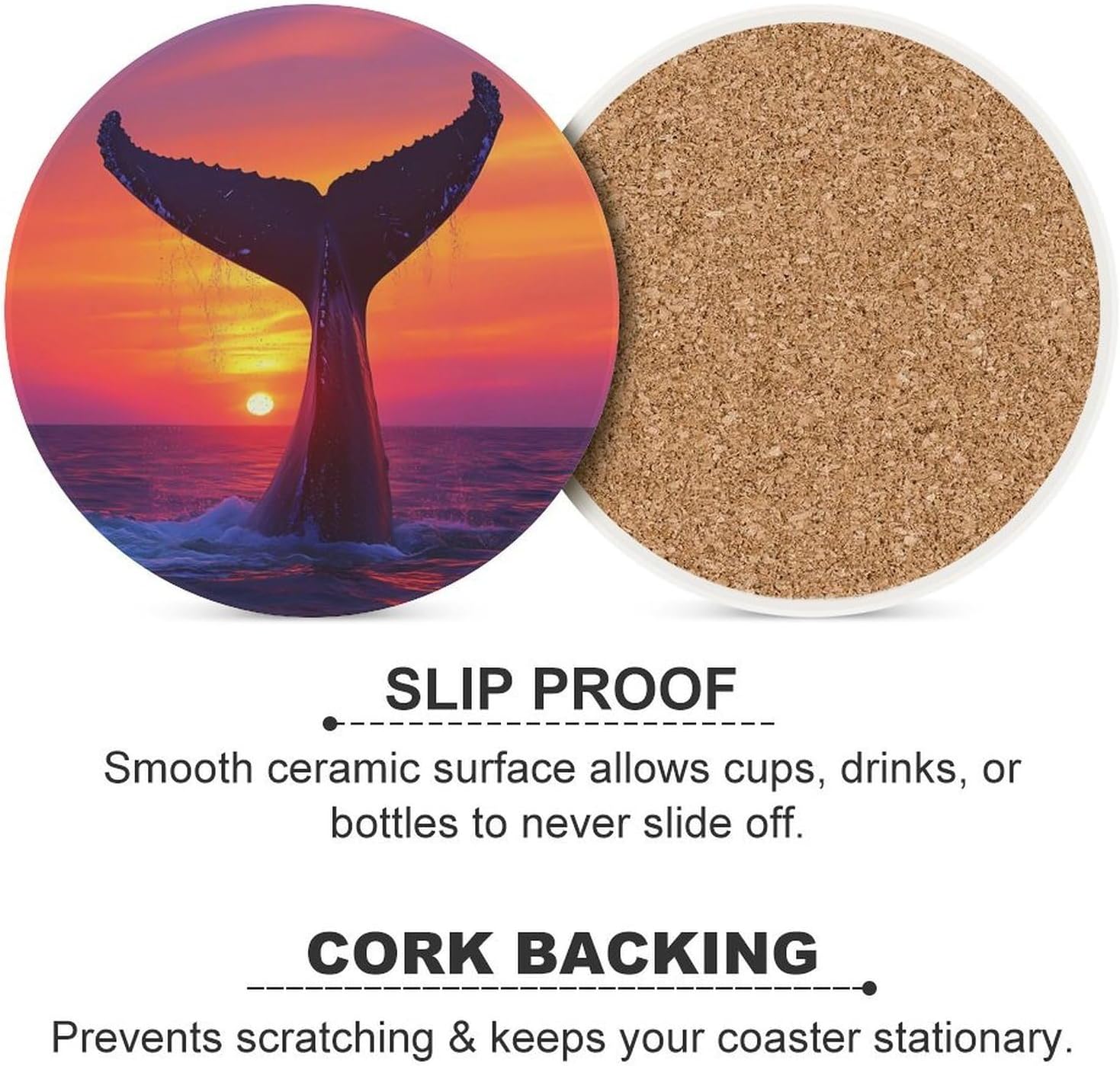 Humpback Whale Tail in Sunset Round Ceramic Coasters Print Drinks Absorbent with Cork Base for Home Decor Gifts 4 Inch
