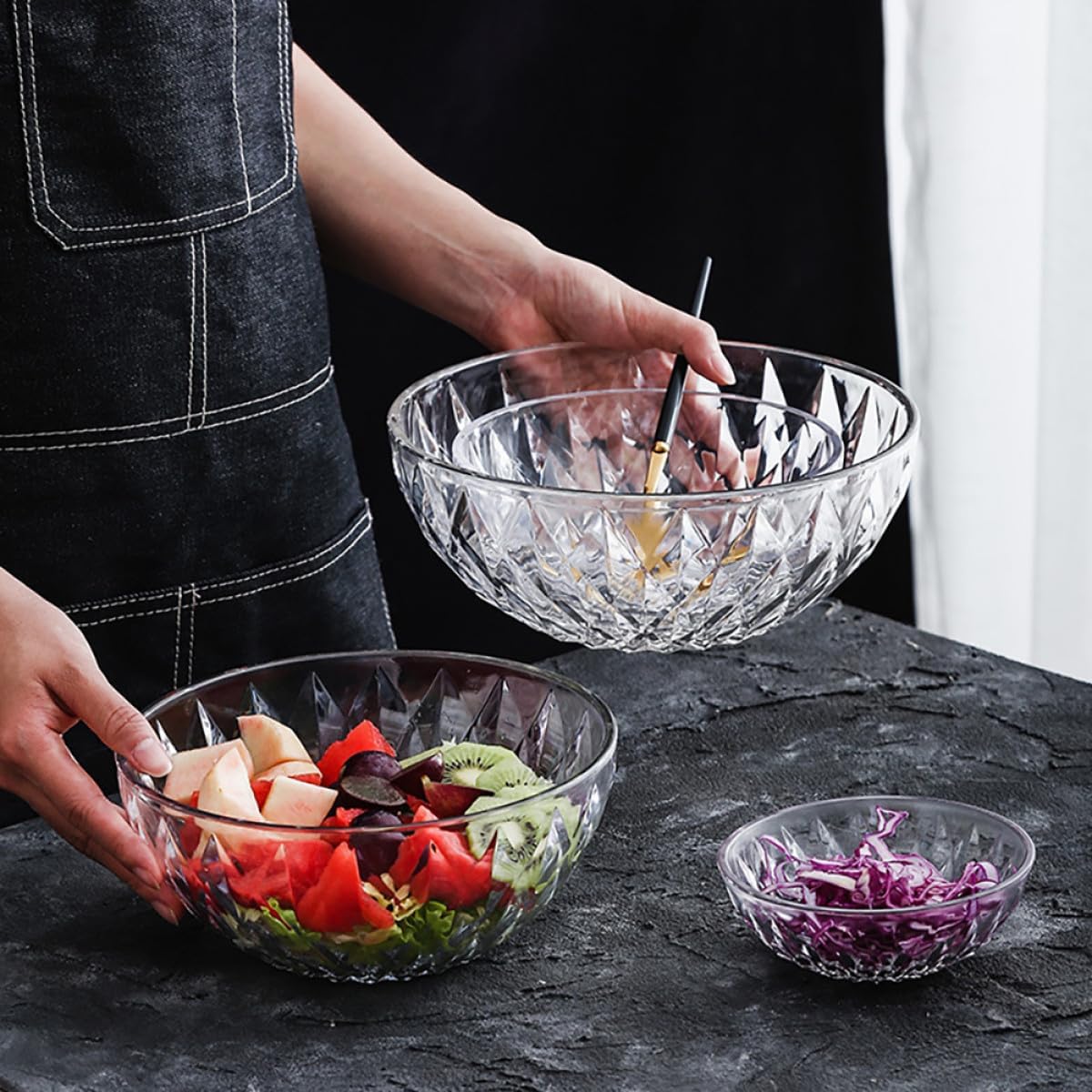 NUOBESTY Transparent Crystal Salad Bowl Diamond Pattern Glass Fruit Bowl for Home Office Restaurant Hotel Dessert Shop 7.87 X 7.87 X 3.34 in 1 piece