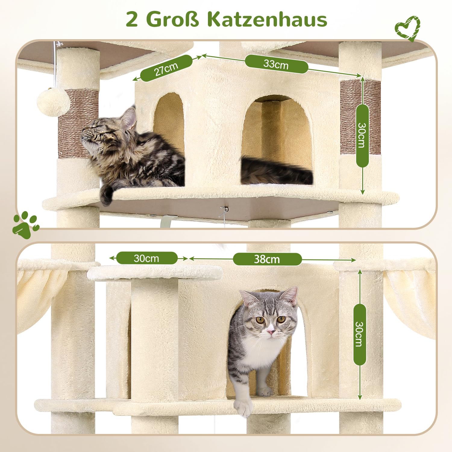 Globlazer Kratzbaum Beige Große XXL hoch 204 cm mit 3 Gepolsterte Sitzstangen, 2 Katzenhaus, 2 Korb, Hängematte, Luxus Katzenbaum Stabil für 3-5 Erwachsene Katze Ausruhen Spielen Kratzen (F80, Beige)