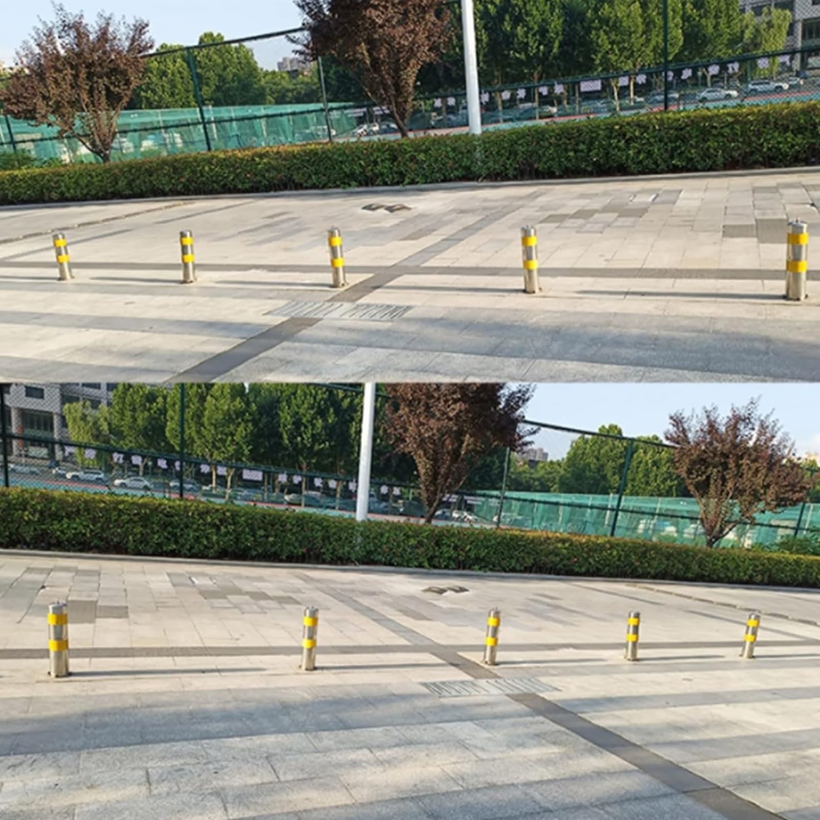 Bolardo de seguridad reflectante de acero inoxidable para uso industrial, control de acceso de garaje y estacionamiento, poste de seguridad de 60 cm con rayas de seguridad (1 unidad)