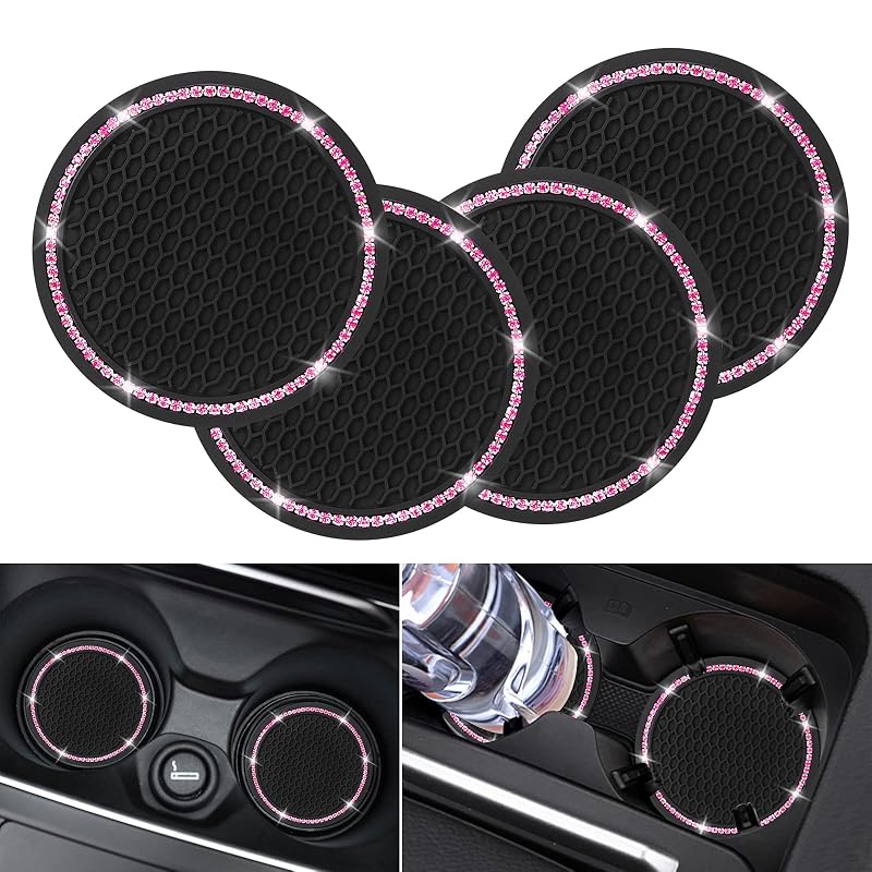 Kit com 4 Porta-Copos para Carro Redondos em Silicone com Detalhes de Strass Rosa Cristal COCASES