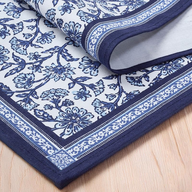 Image of Encasa XO Dining Table Runner For 4 To 6 Seater | Indigo-02 Block Printed Cotton Canvas | 32X150 Cm | Jaipur Sanganeri Hand Print, Large