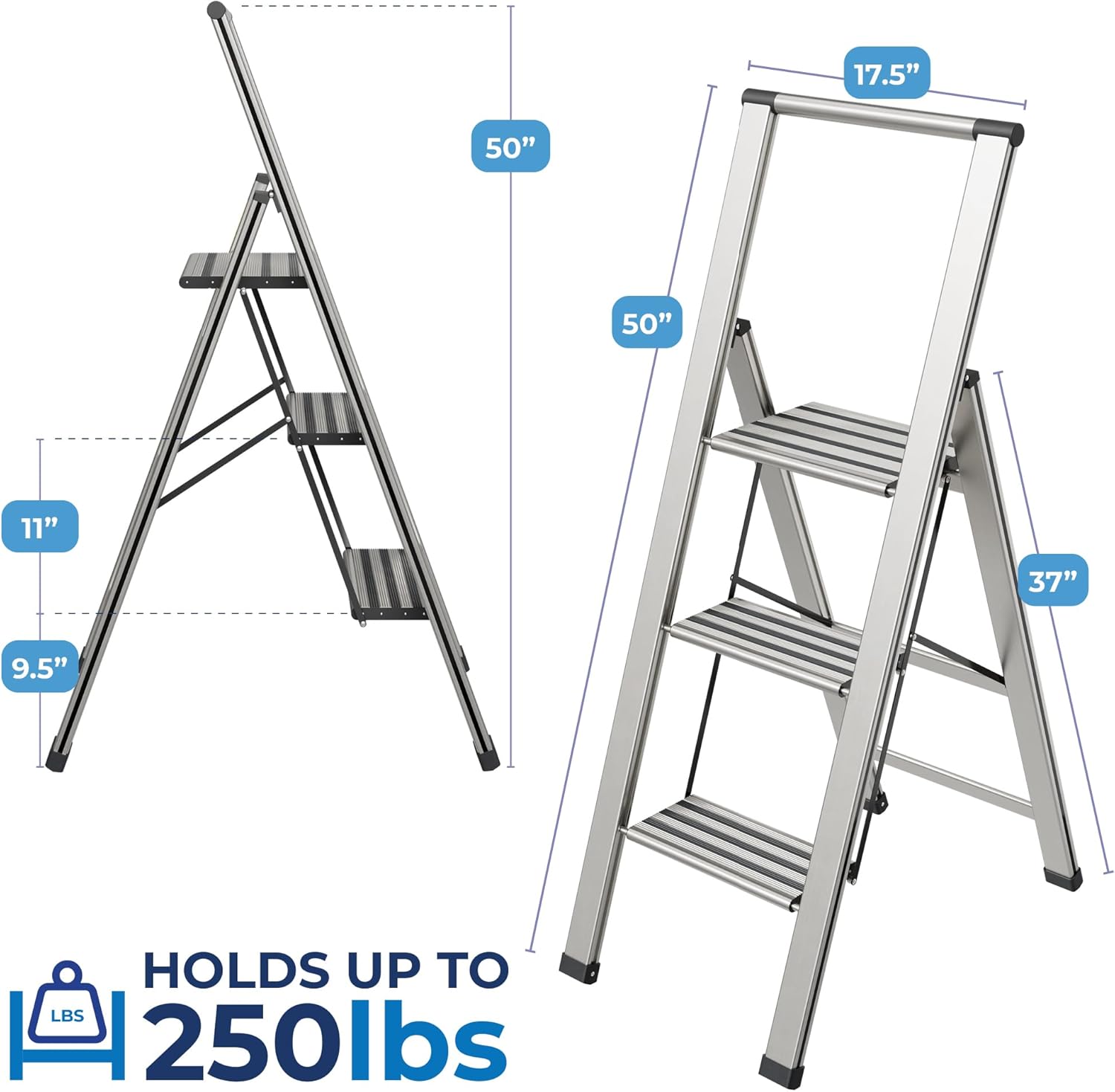 step ladder 3 step folding, decorative - modern beautiful aluminum, lightweight, ultra slim profile, anti slip steps, sturdy-portable for home, office, kitchen, photography use,by sorfey 3-step aluminum