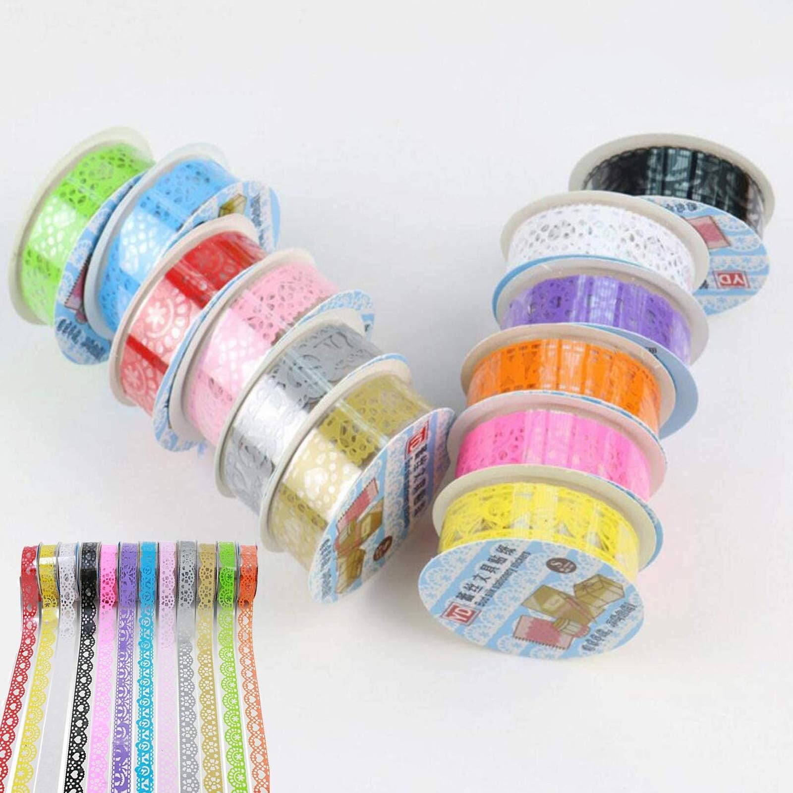 Lace Tape Sticker,5pcs bluesees Multicolor Washi Lace Pattern Glitter Self-Adhesive Lace Ribbon Scrapbooking Stickers Decorative Tape Sticker for DIY Crafts and Decoration（Color & Pattern Random）
