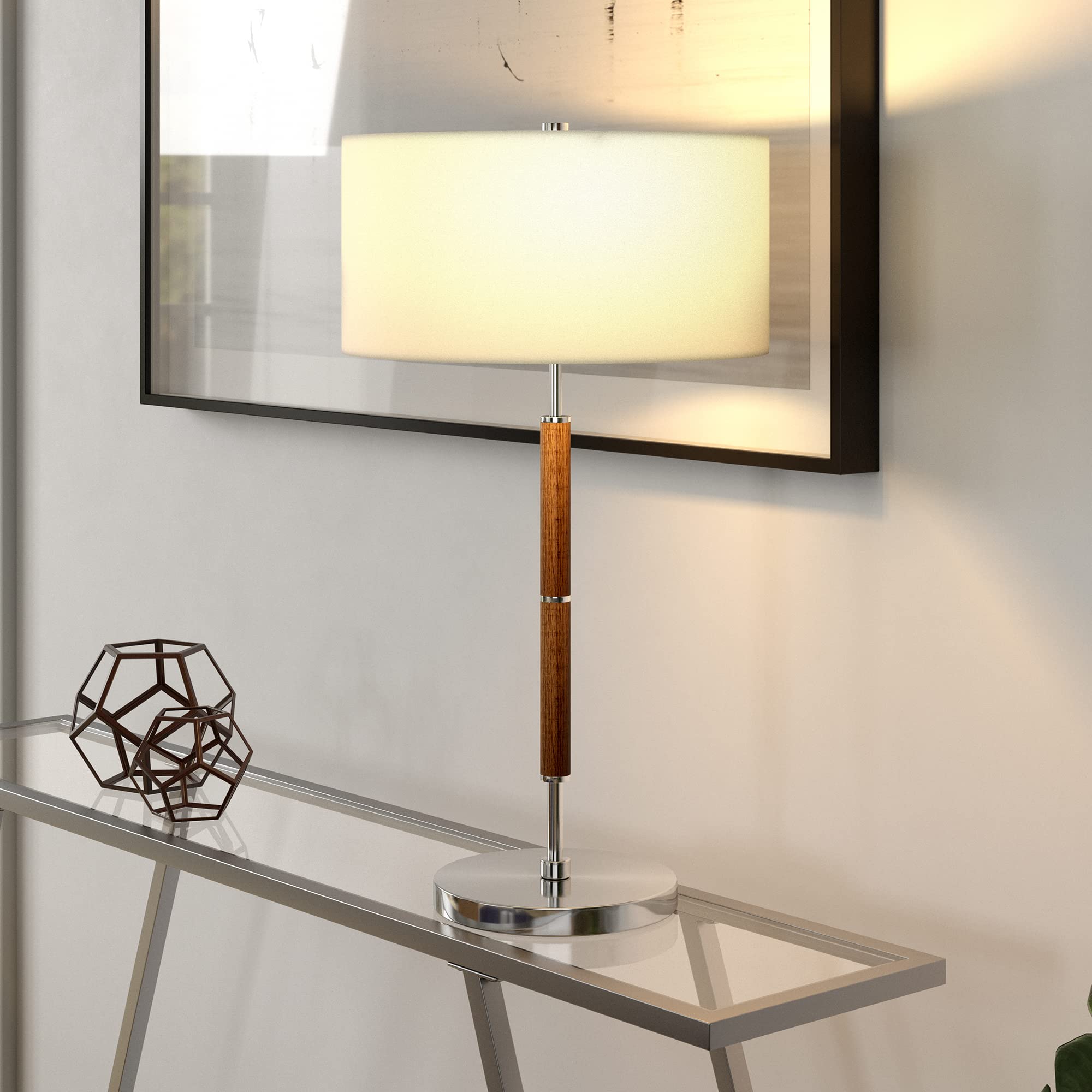 Simone 25" Tall 2-Light Table Lamp with Fabric Shade in Rustic Oak/Polished Nickel/White
