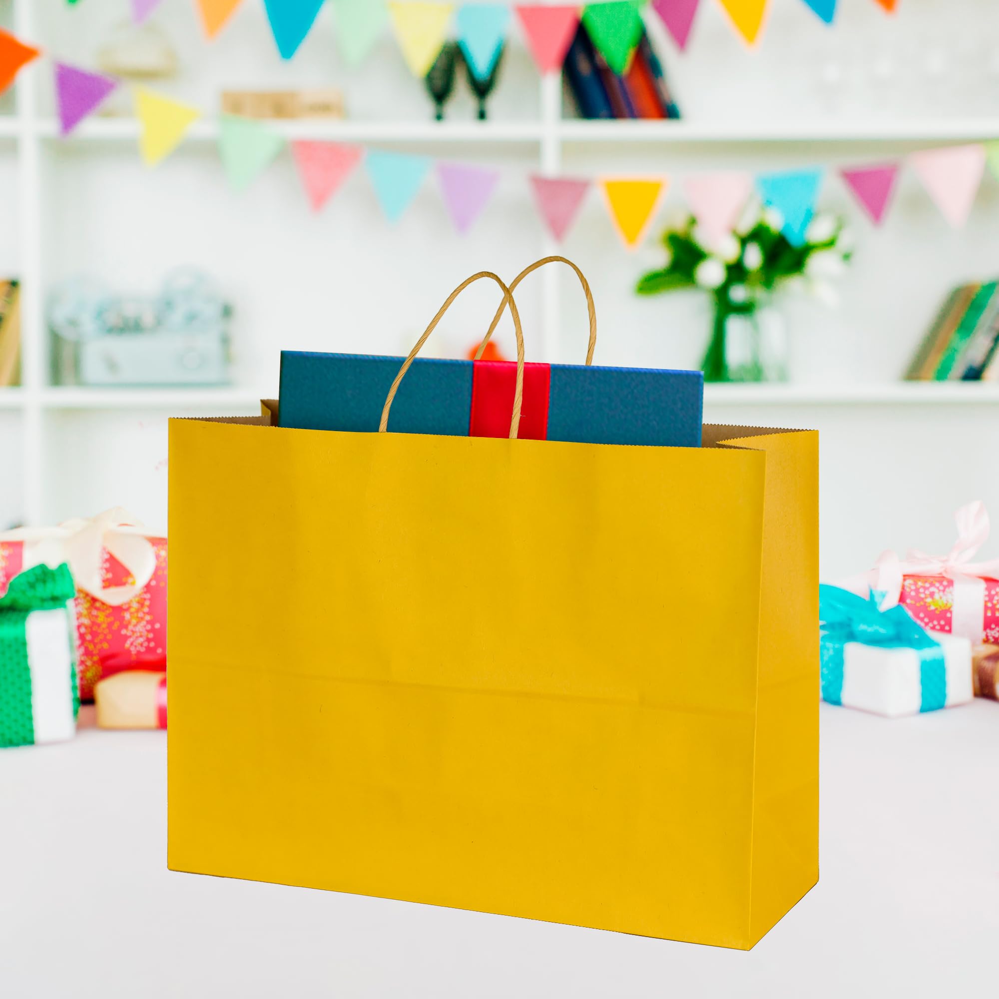 BLEWINDZ 70 bolsas de regalo grandes de 16 x 6 x 12 pulgadas, bolsas de papel kraft con asas a granel, bolsas de compras amarillas para mercancía de comestibles
