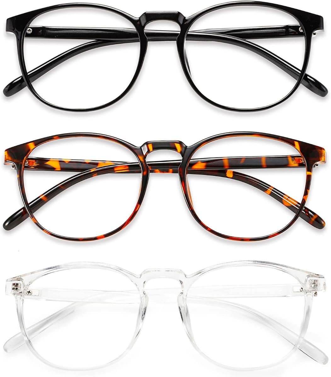 Blue Light Blocking Glasses for Women Men Black/Transparent/Amber | Retro Round,Filter Blue Ray,Computer Gaming Glasses,Anti Eye Strain,Anti Glare,UV,3 Pack,Lightweight TR Frame,Watch TV,Phone