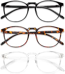 Blue Light Blocking Glasses for Women and Men, 3 Pack (Black, Transparent, Amber) - Retro Round Computer Gaming Glasses, Anti Eye Strain, Anti Glare, UV Protection, Lightweight TR Frame