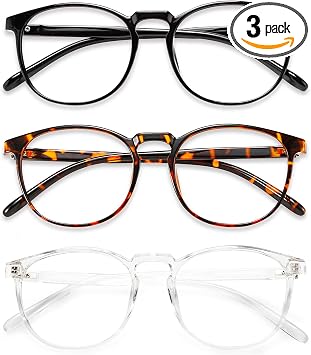 Przene Blue Light Blocking Glasses for Women Men Black/Transparent/Amber | Retro Round,Filter Blue Ray,Computer Gaming Glasses,Anti Eye Strain,Anti Glare,UV,3 Pack,Lightweight TR Frame,Watch TV,Phone