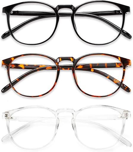 Przene 3 Pack Blue Light Blocking Glasses Women/Men,Retro Round Computer Glasses Anti Eye Strain/UV/Glare, Gaming Glasses. (Black/Crystal/Amber) | Retro Round,Computer Mobile Phone Gaming Glasses,Anti Eye Strain Fatigue,UV Protection,Anti Glare,3 Pack,Lightweight TR Frame