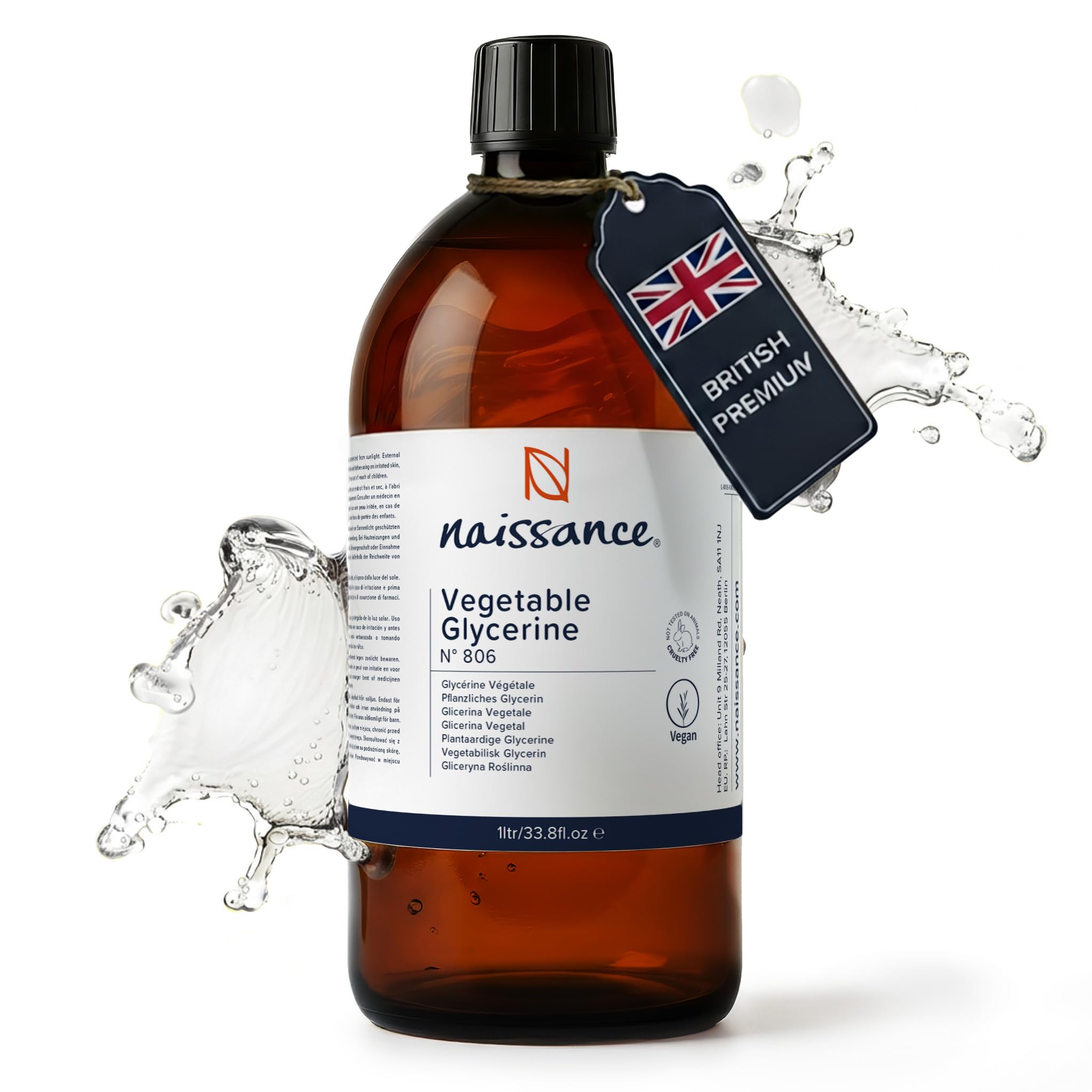 Naissance Vegetable Glycerine (Glycerol) Liquid (no. 806) 1 Litre - 100% Pure & Natural Glycerin, Premium EP/BP/USP Pharmaceutical Grade, Natural Humectant, Fragrance Free