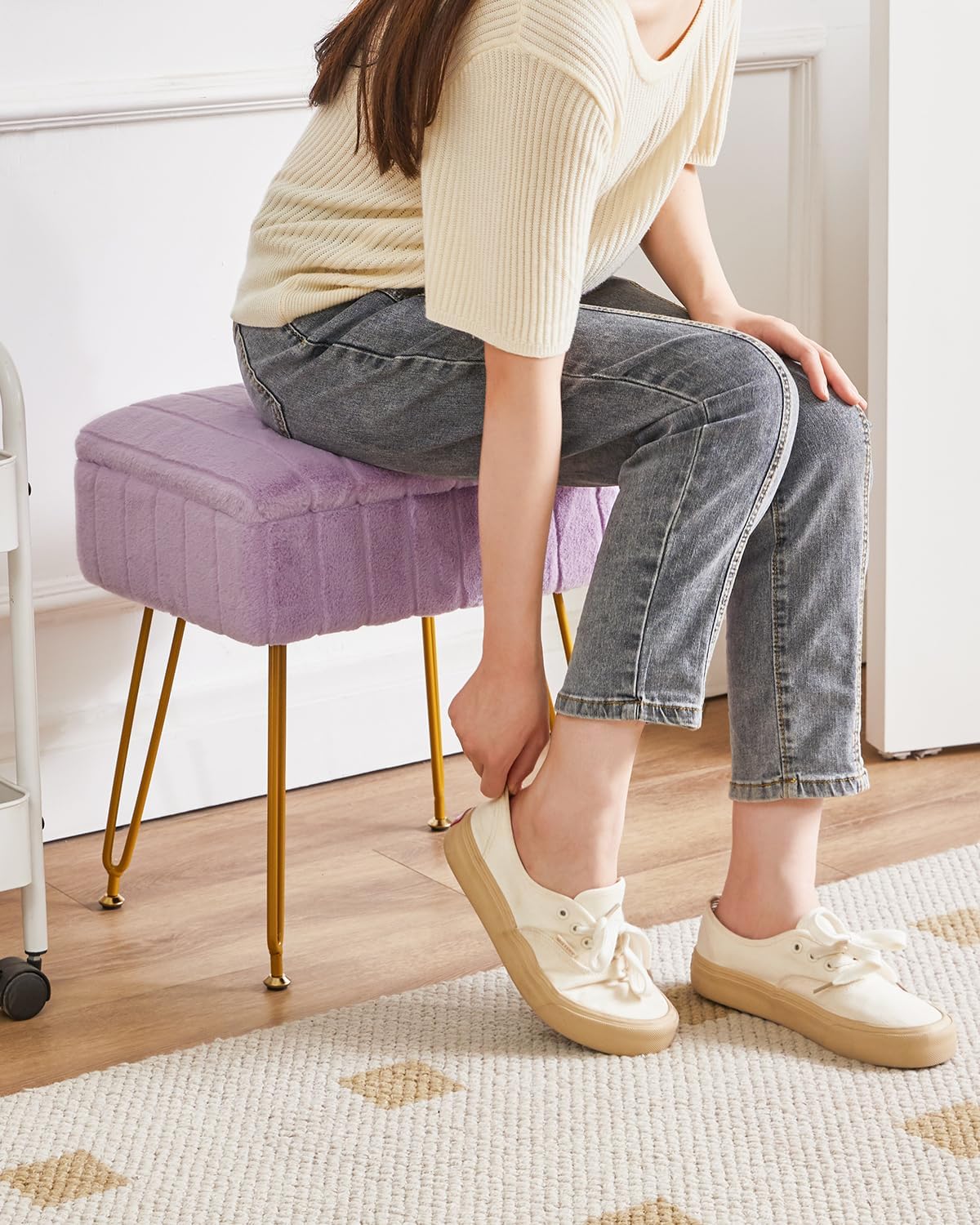 IBUYKE Stool Chair with Storage Space, Footrest Footstool Ottoman, Small Side Table, with 4 Metal Legs, with Anti-Slip Feet, for Makeup Room, Bedroom, Purple LG-50V