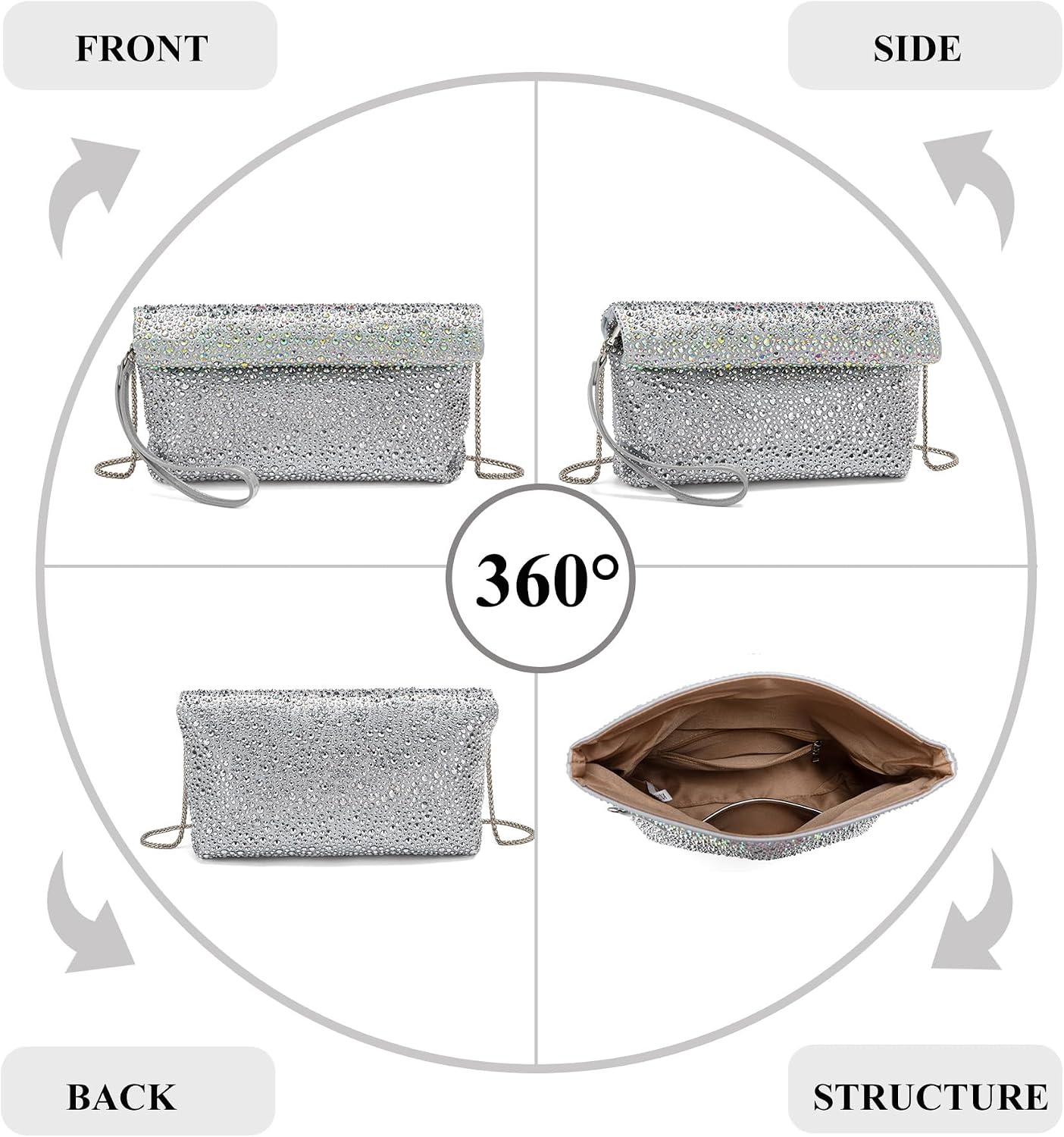 Sweetovo Rhinestone Evening Bag, Glitter Clutch Purse with Detachable Chain image 5