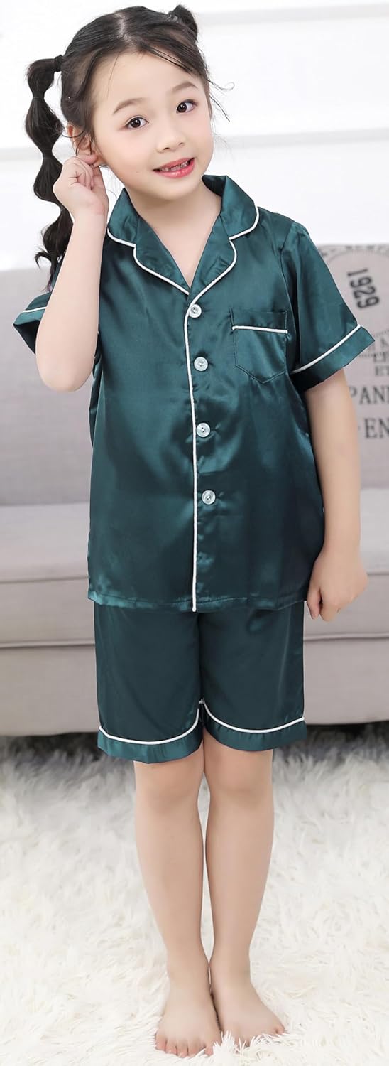 Pajama Set for Kid Boy Girl Button-up Silk Pajama Sleepwear Nightwear Loungewear Set Gifts Short Sleeve Loungewear - Image 2