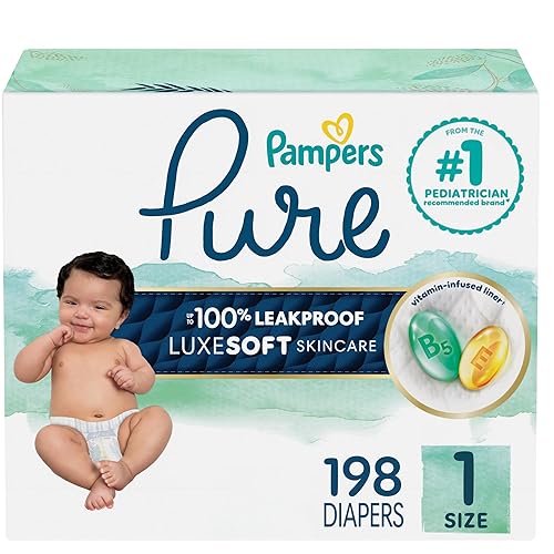 Pampers Pure Protection Baby Diapers, Size 1 (8-14 lbs), 198 Count, Up to 100% Leakproof, Premium Plant-Based Skin Protection, Hypoallergenic Soft Diapers - Size 1 - 198