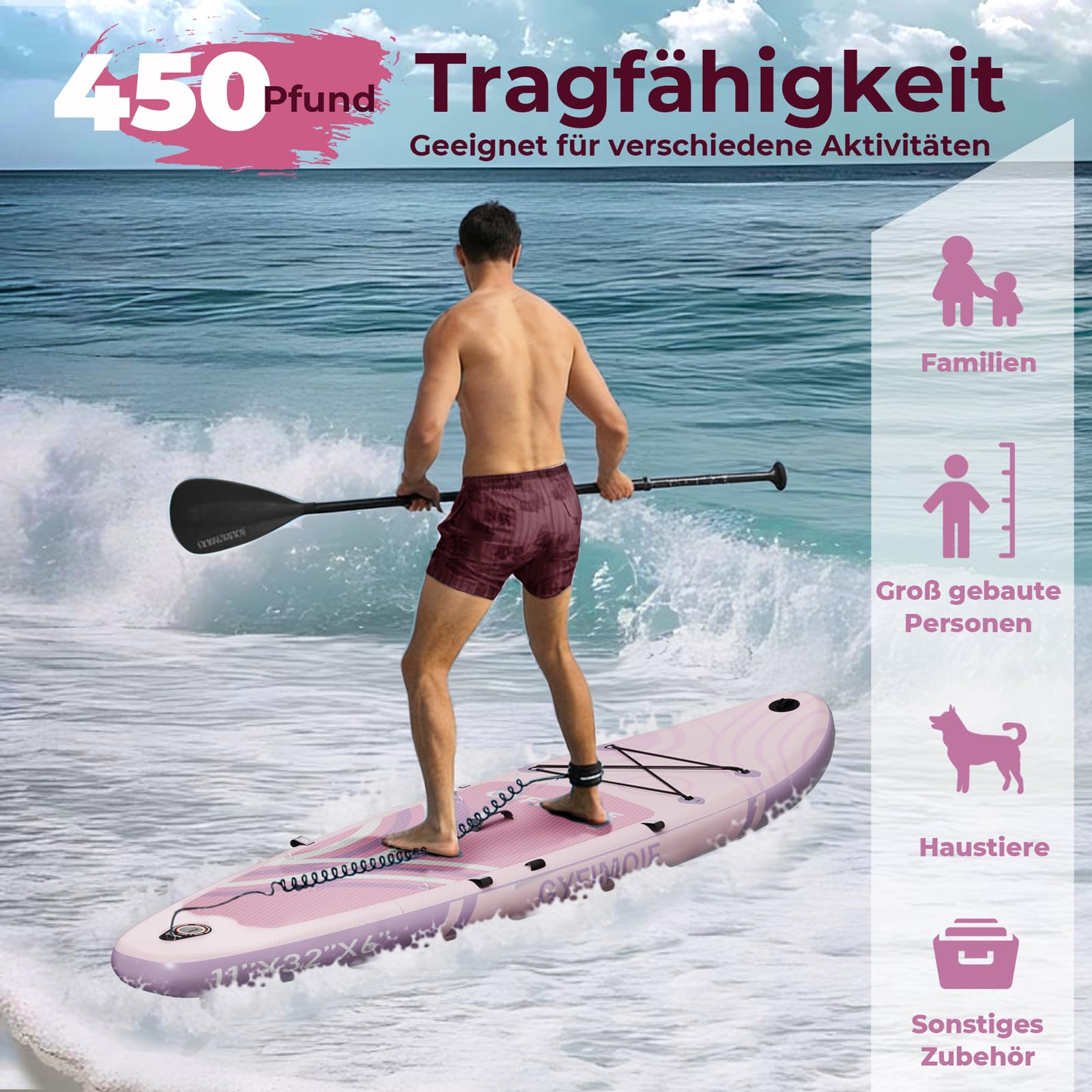 Gyfimoie Tavola da SUP gonfiabile di alta qualità, 335 cm, con supporto universale per fotocamera, accessori completi, pagaia regolabile, per principianti ed esperti