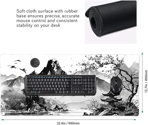 Miniatura 2 de Alfombrilla de mouse para juegos de acuarela japonesa blanca y negra con flor de cerezo Sakura de 35.4 x 15.7 pulgadas, XXL extendida, alfombrilla