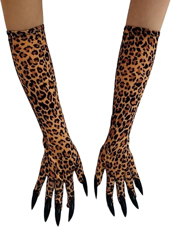 mdgfge Halloween Womens Long Finger Claw Gloves Black Paw Scary Leopard Cheetah Print Gloves, Vampire Dress Up Accessories for Women Cosplay Masquerade Party Supplies