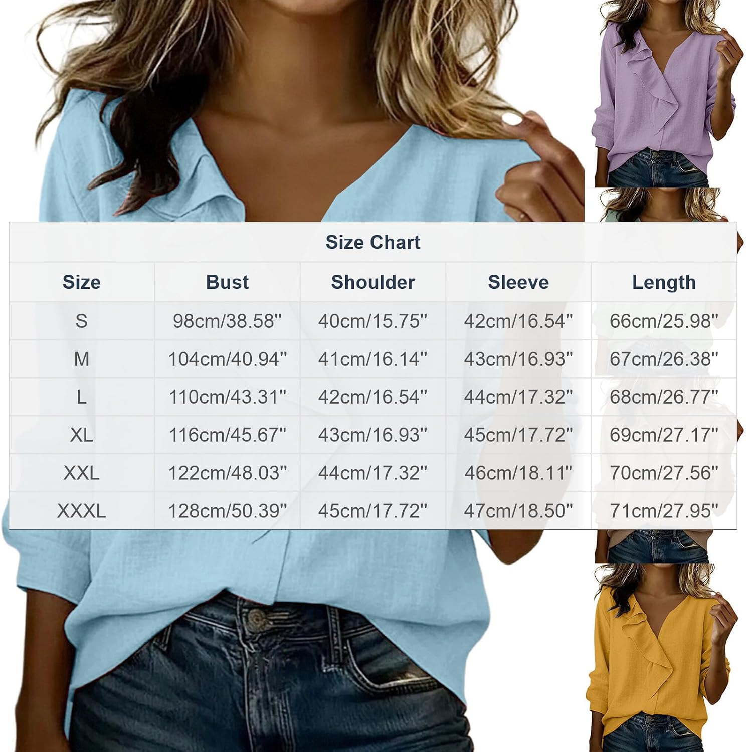 Women's Ruffle V Neck Gauze Shirts Summer Trendy Cotton Linen Blouses 3/4 Sleeve Tops Comfy Vacation Tshirt