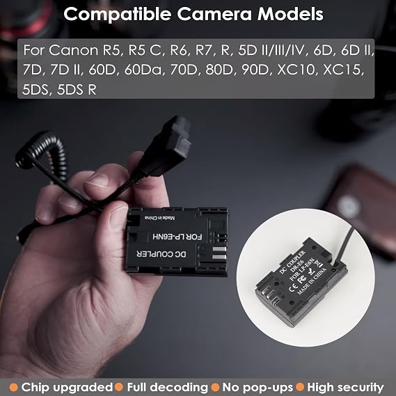 D-TAP to LP-E6NH Dummy Battery, LP-E6 Decoded Power Coiled Cable Compatible With Canon R5, R5 C, R6, R7, R, 5D II/III/IV, 6D, 7D, 60D, 60Da, 70D, 80D, 90D, XC10, XC15, 5DS