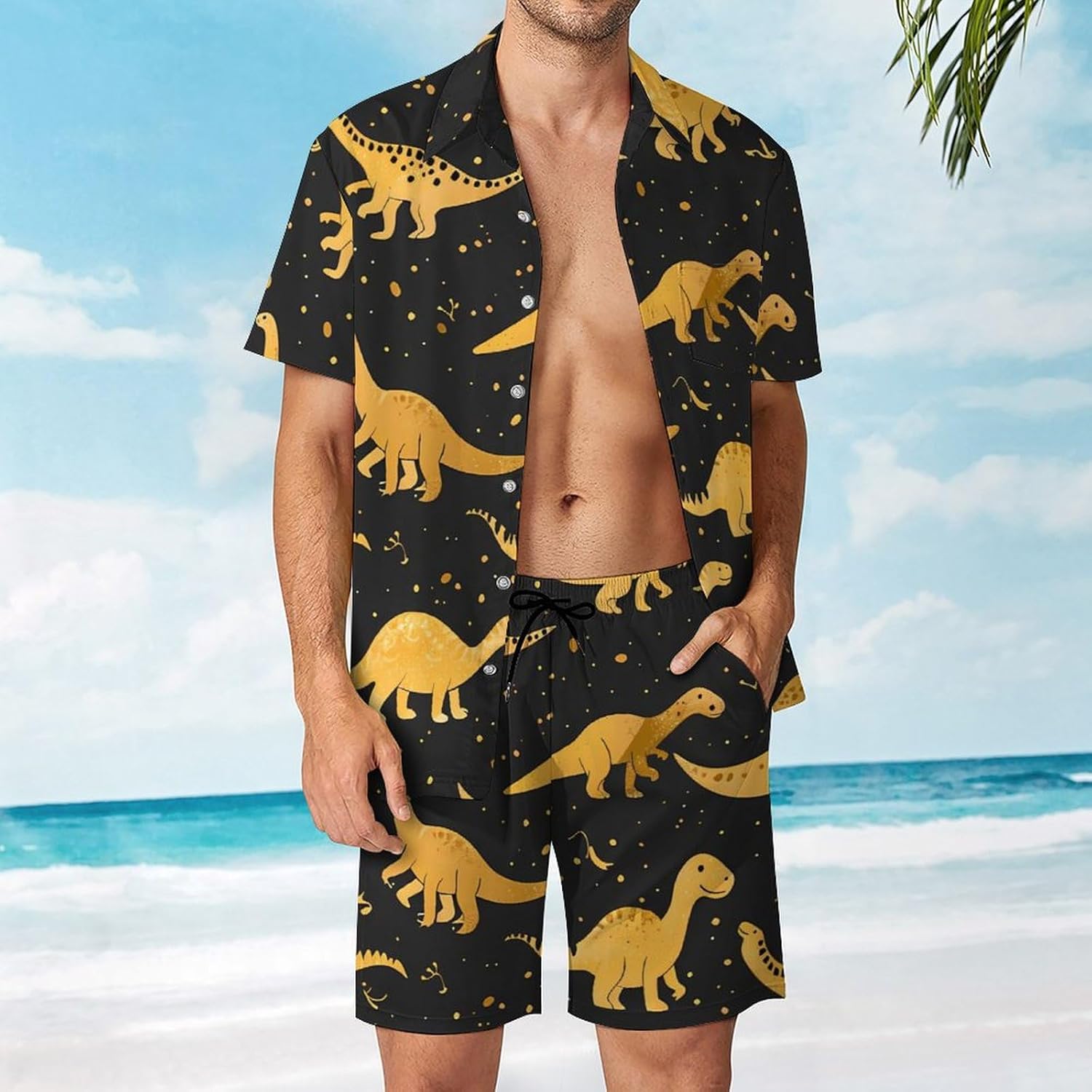Cute Dinosaur Men's Summer Beach Outfits Shirt And Shorts Set 2 Piece Vacation Swimwear