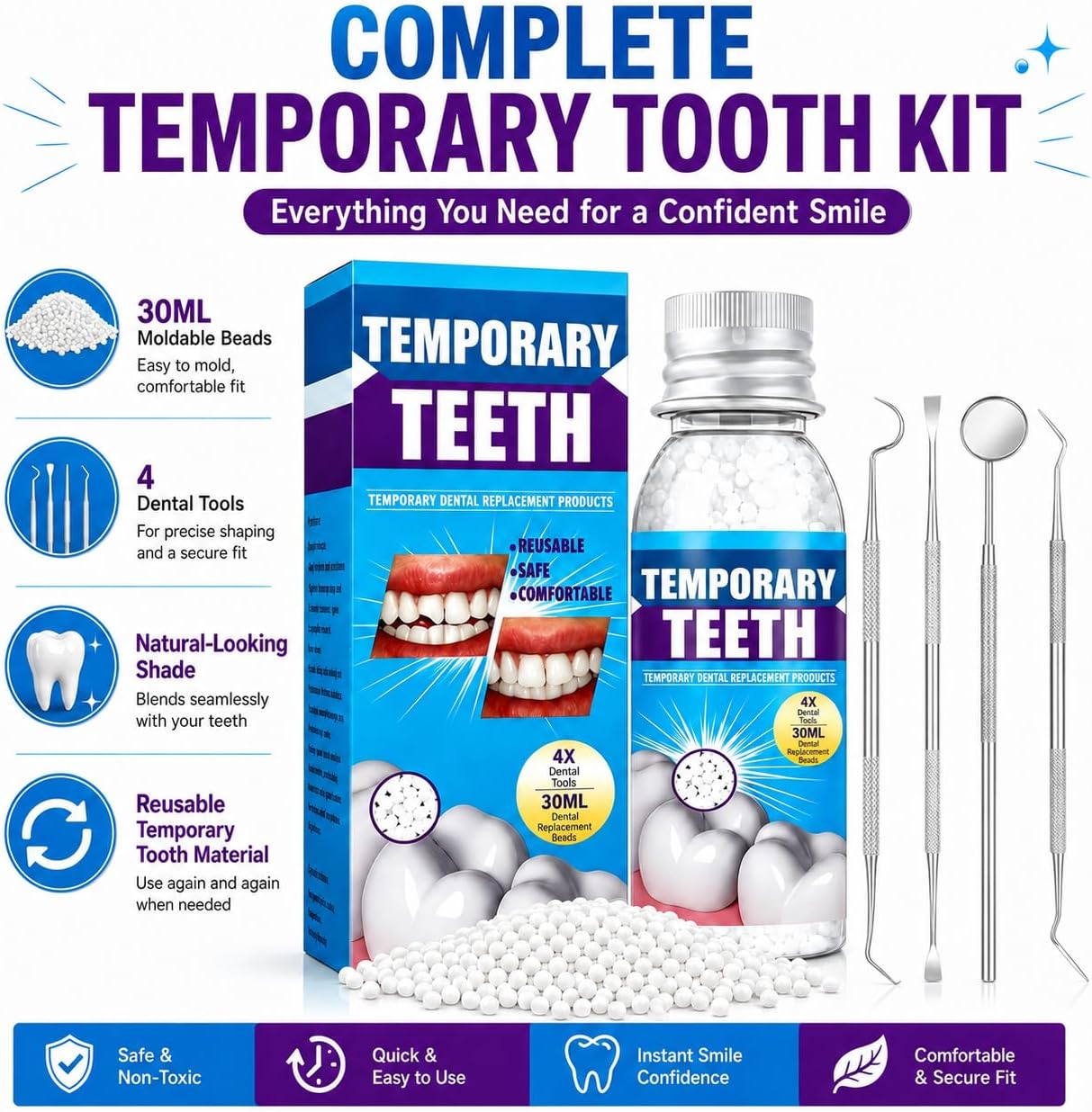 Tooth Repair Kit Moldable False Teeth Beads for Missing Teeth | DIY Temporary Tooth Filling Kit for Daily Smile Confidence | Natural-Looking Tooth Replacement Beads