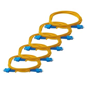 trueCABLE SC to SC OS2 Fiber Patch Cable, 5m 16.40ft, UPC Polish, 200GB Singlemode SM Duplex 9/125um, Riser Rated OFNR, UL Listed, 5 Pack, Yellow