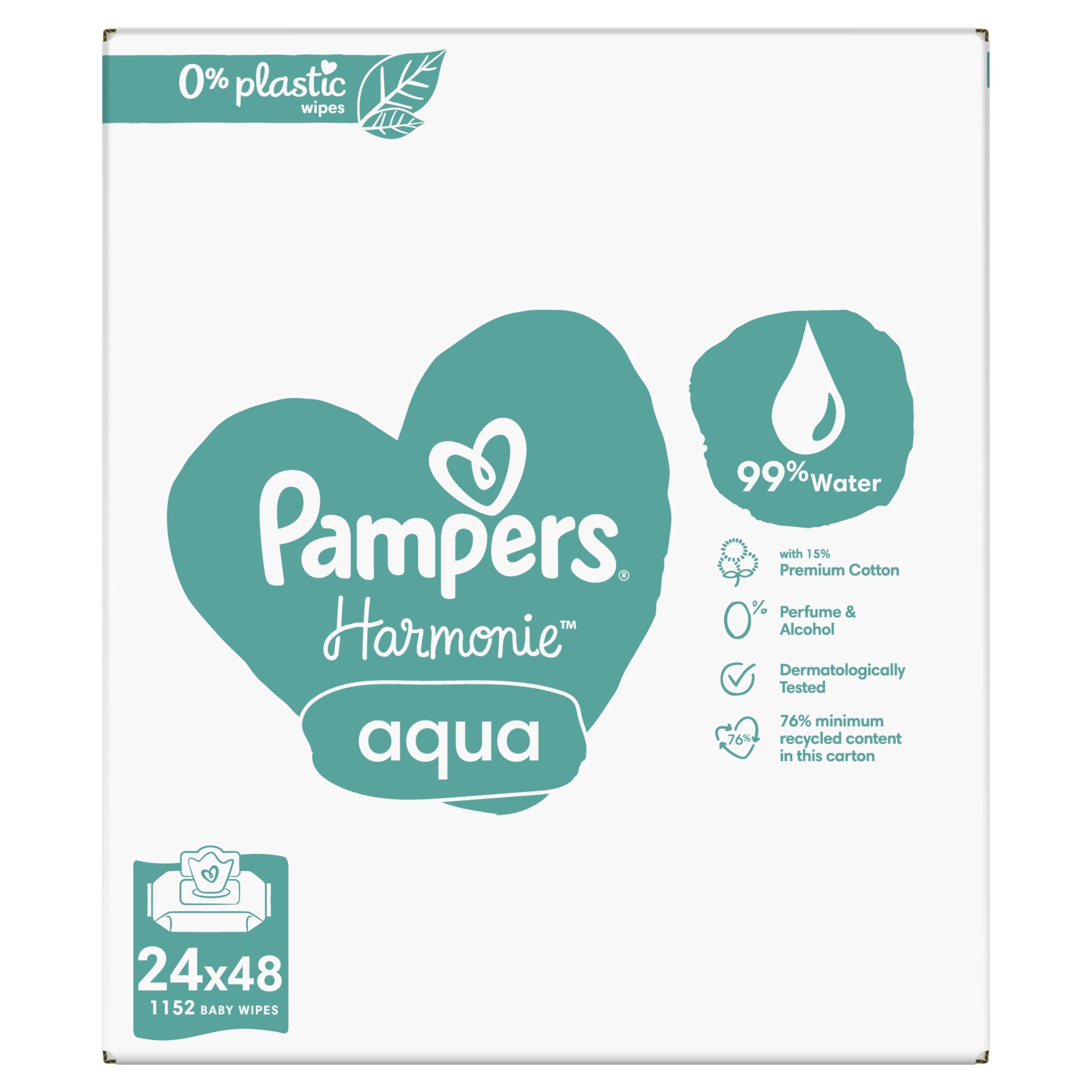 Pampers Toallitas húmedas para bebé, Harmony, Aqua, 1152 toallitas (24 x 48), protección suave para la piel delicada con un 99% de agua