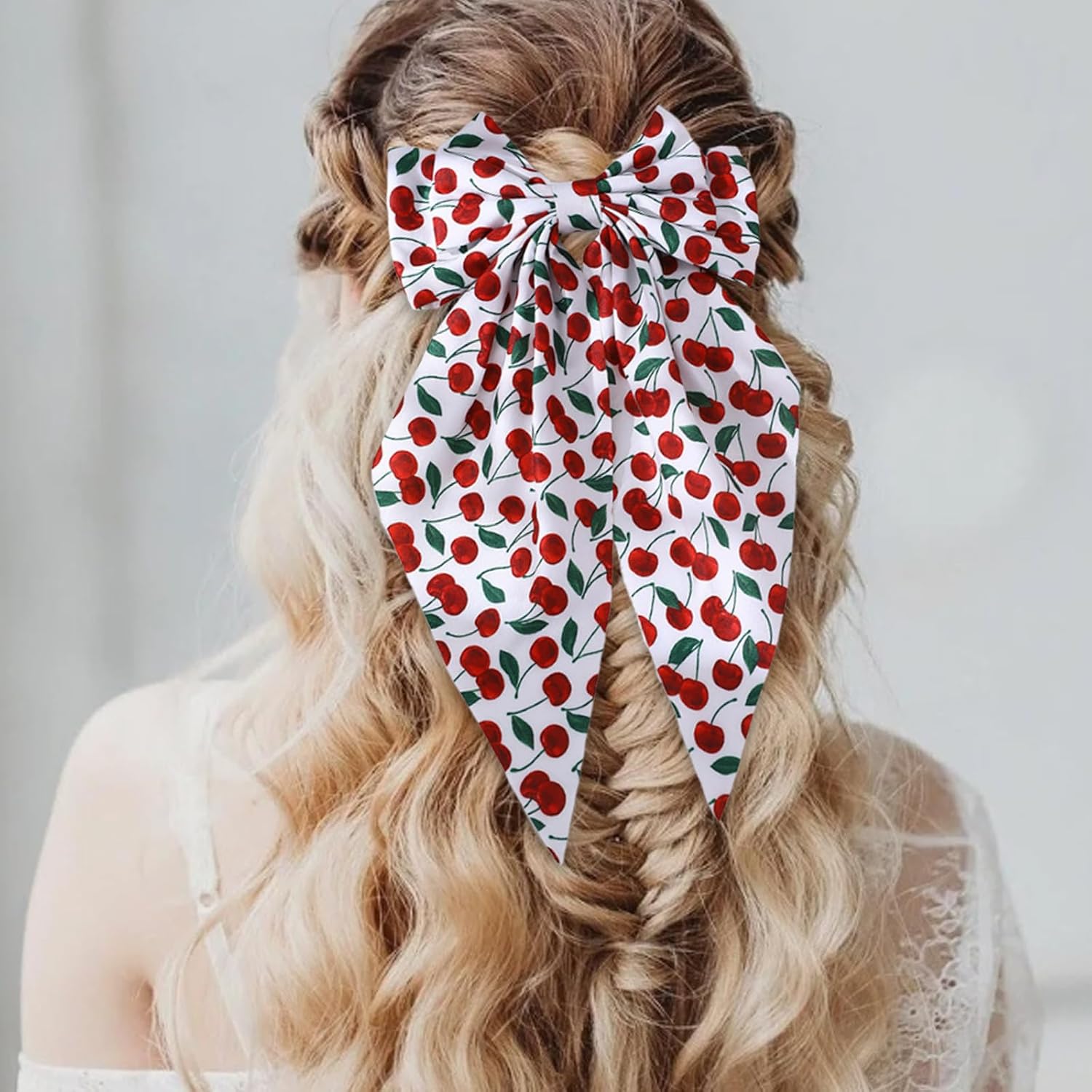 Hair Bows Big Bow Hair Clips with Long Tails Cherry Blueberry Grapes Pattern Hair Bows Clips, Cute Bow Hair Accessories for Women Girls Daily Holiday Gift 3 Pcs - Image 3