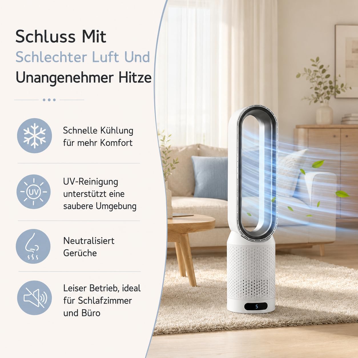 Seladi AirPure V3 | 3-in-1-Luftkühler, UV-Reiniger und Ionisator, Geräuscharmer Flügelloser Ventilator, Tragbarer Tisch und Stand Luftkühler für Alltag, Arbeit und Zuhause (Blau)