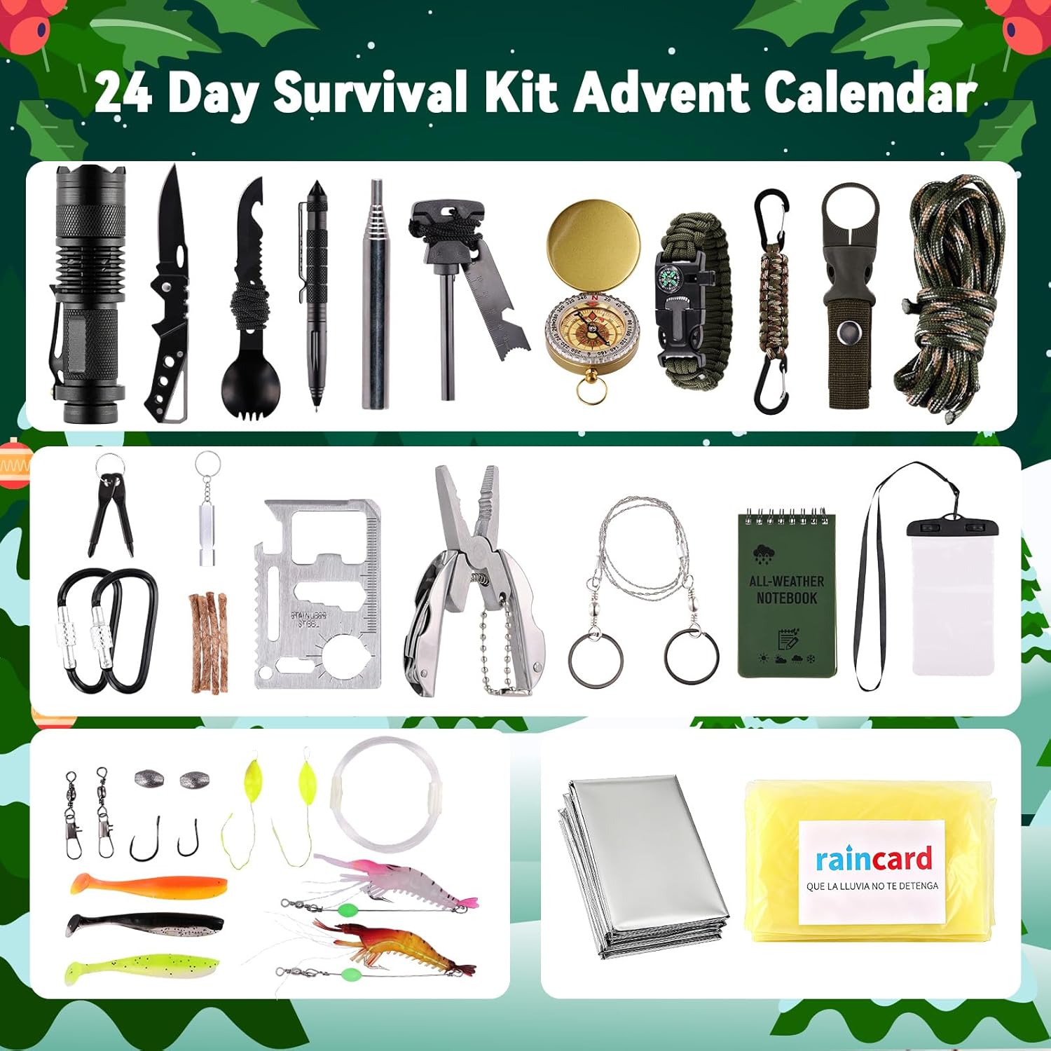 2025 Advent Calendar Survival Kit for Men, 24 Days Christmas Countdown with Outdoor Tools, Xmas Holiday Surprise Gifts for Camping Fishing Hiking Adventures - Image 2