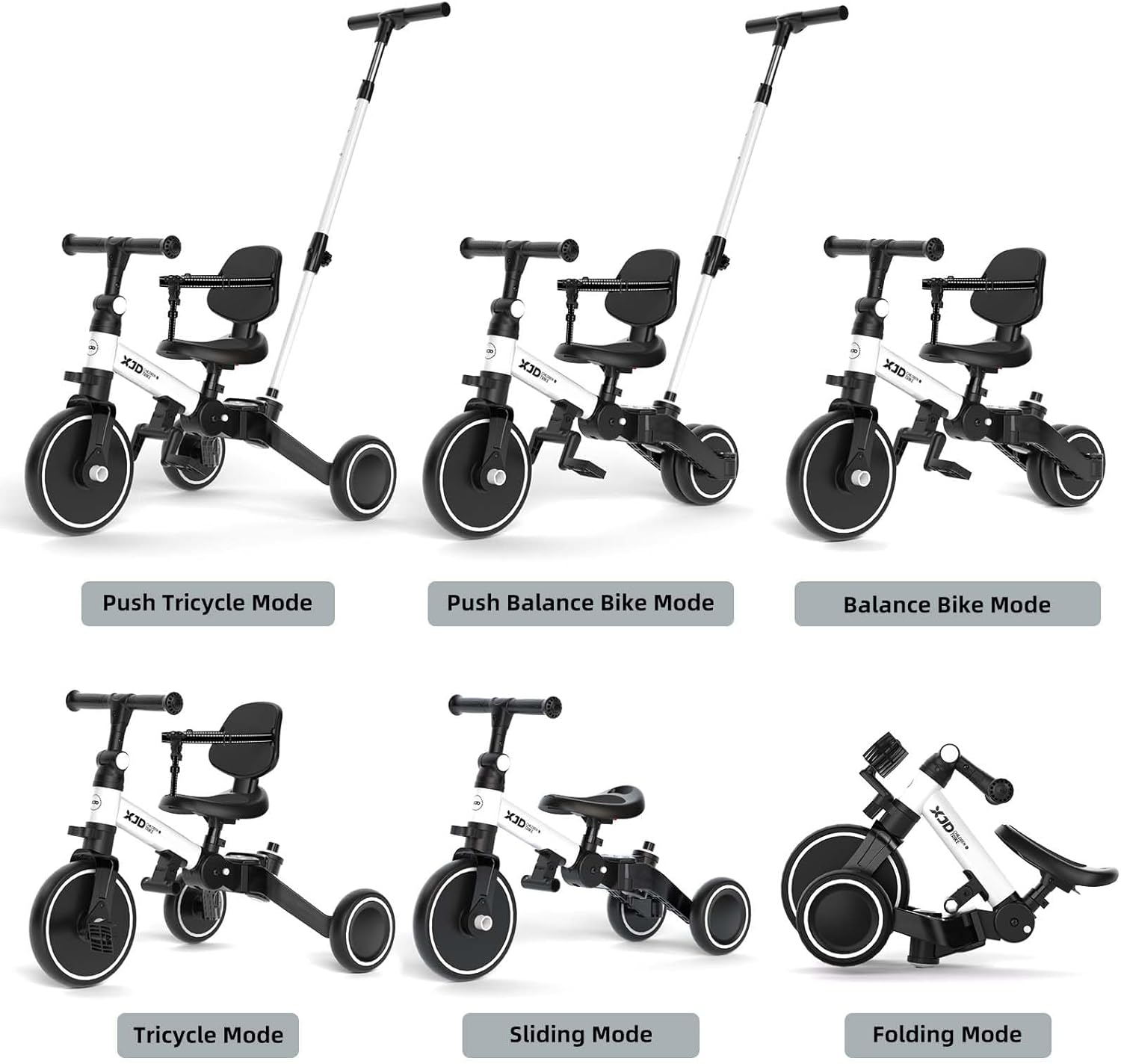XJD Toddler Bike, 6 in 1 Folding Toddler Tricycle for 1-4 Year Old with Parental Control Handle, Balance Bike with Removable Pedal, Backrest, Adjustable Seat, First Birthday Gifts (White)