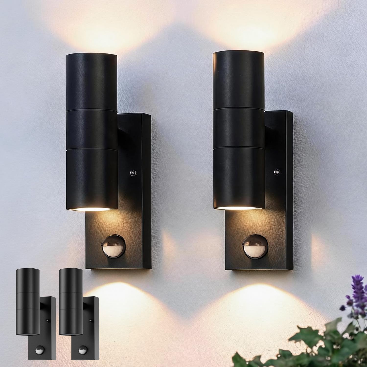 NBHANYUAN Lighting Outdoor Wall Light with Sensor,Up Down,Black,2 Pack