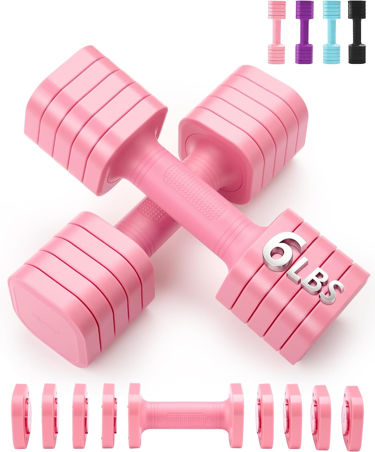Equipro Hand Weights for Women at Home 6 LBS Adjustable Dumbbell Set of 2, Fast Adjust Dumbbells with TPU Soft Rubber Handle for Home Gym Exercise Training