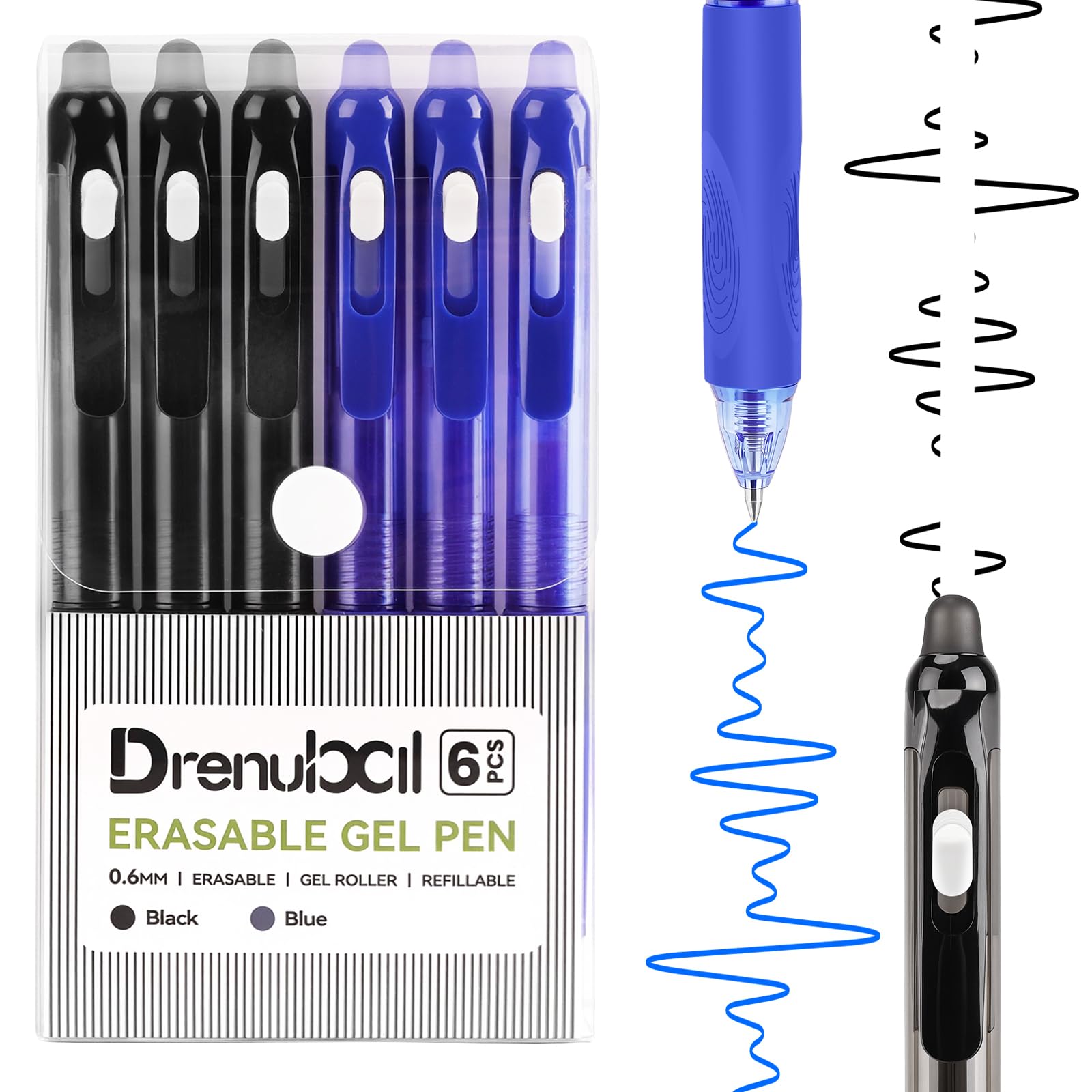 Drenubal Erasable Pens - Black & Blue Gel Ink, Quick-Drying, Retractable Comfort Grip Writing Pens for School, Office - Gift Set for Students, Kids & Artists