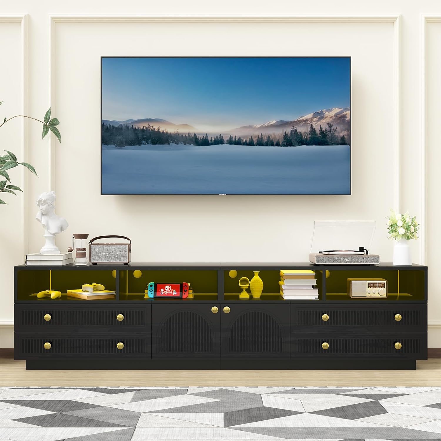 86.6in LED TV Stand for 85/90/95/100 inch TV, Modern LED TV Stand for Living Room, Fluted TV Entertainment Center with 8 Storage Drawers and Cabinet, RGB Light, Smart Modern TV Cabinet, White