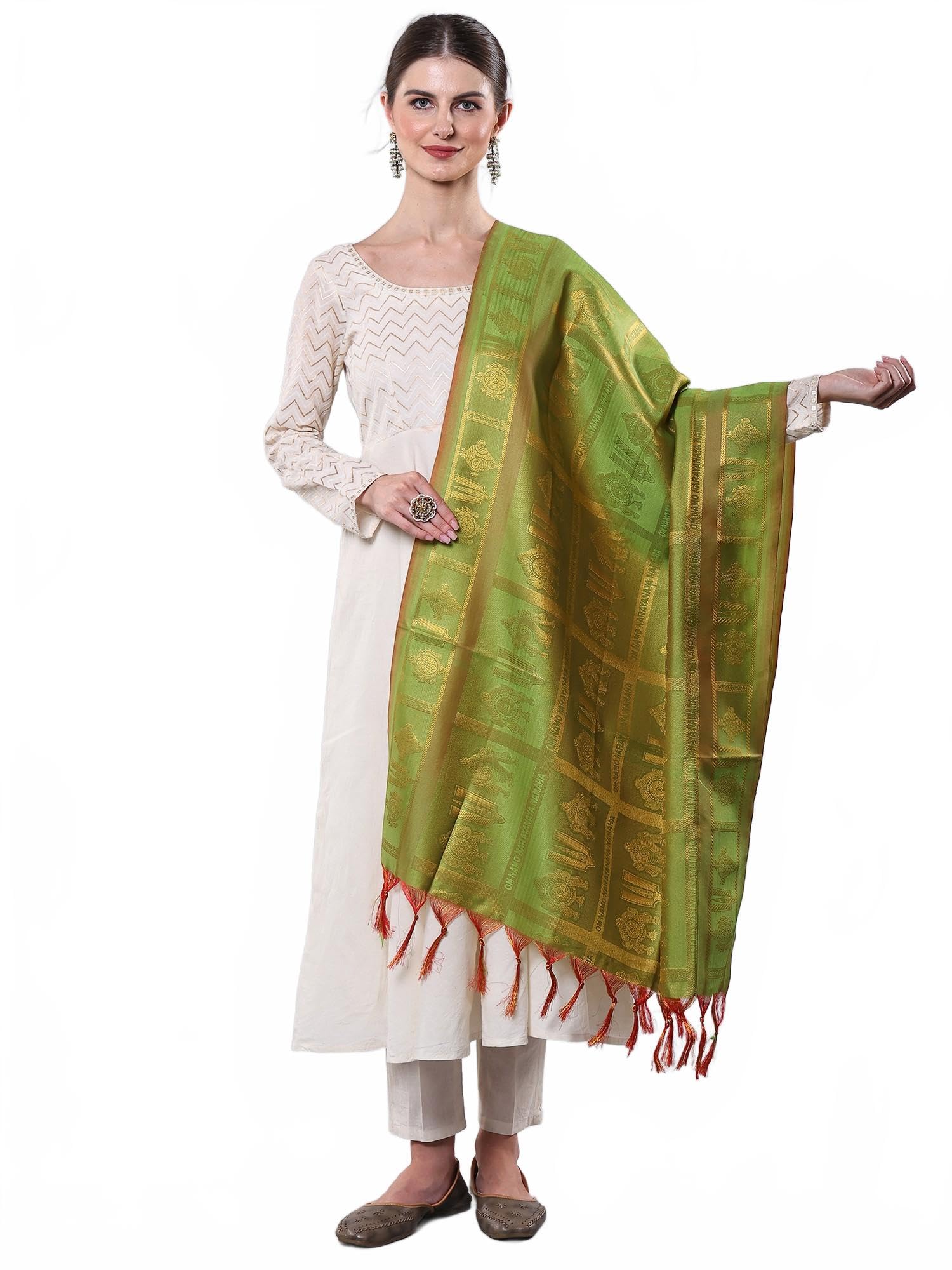 exotic india Women's Art Silk Prayer Shawl with Woven Om Namo Narayanaya Namah and Vaishnava Symbols Design Stole, Scarves-picture-35