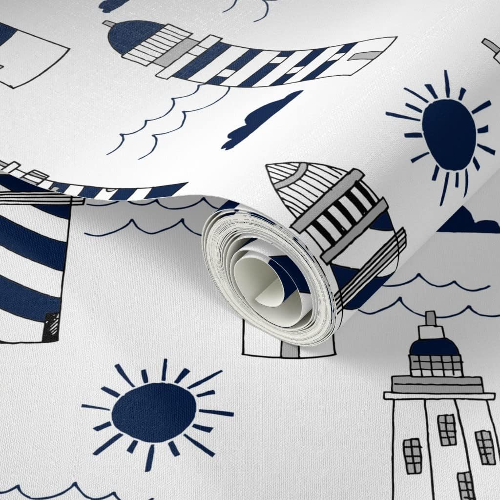 Spoonflower Peel & Stick Wallpaper 3ft x 2ft - Navy White Summer Nautical Ocean Sea Lighthouse Kids Custom Removable Wallpaper