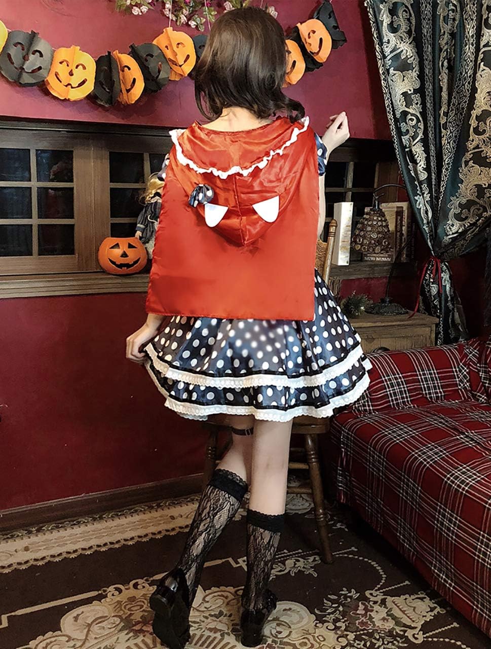 [milky time] 赤ずきん コスプレ ハロウィン ワンピース マントセット ロリータ 大人 ウェイトレス風 ミニ丈 ドット柄
