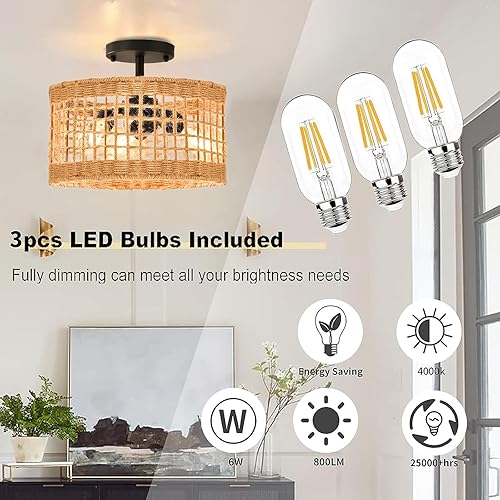 Miniatura 4 de Lámpara de techo de ratán, estilo bohemio, semiempotrada, 3 luces, lámpara de techo con pantalla de mimbre tejido, lámpara de techo rústica para