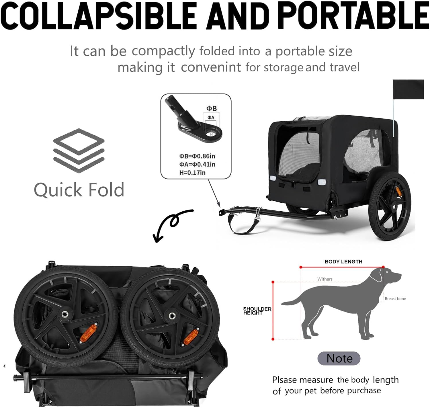 Outdoor Heavy Duty Collapsible Pet Bike Trailer with 16-Inch All-Terrain Wheels & Universal Hitch – Foldable Dog/Cargo Carrier Cart for Bicycles, Black