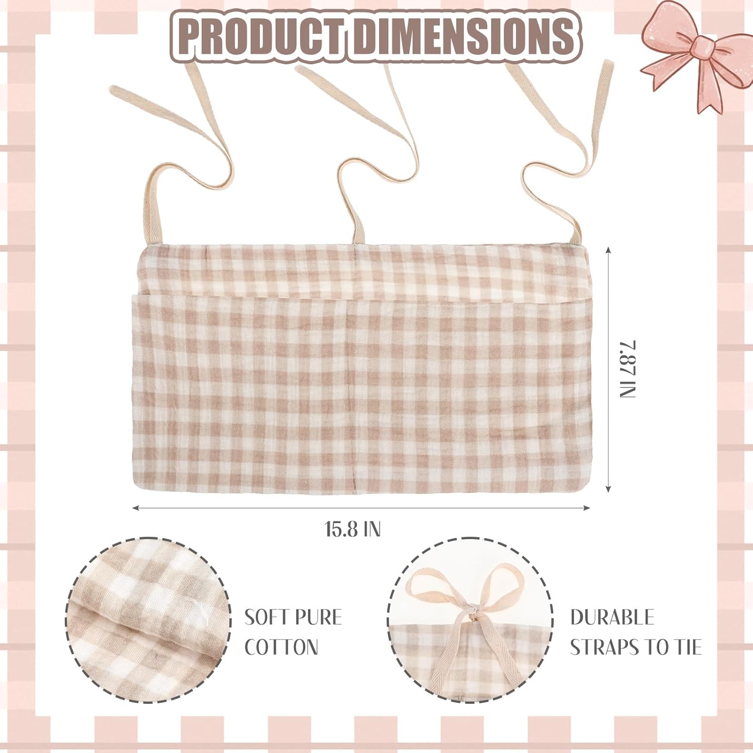 Gingham Diaper Bag Organizer Playpen Organizer Hanging Cotton Crib Storage Bag For Baby girl’s room (Blue)(Beige)