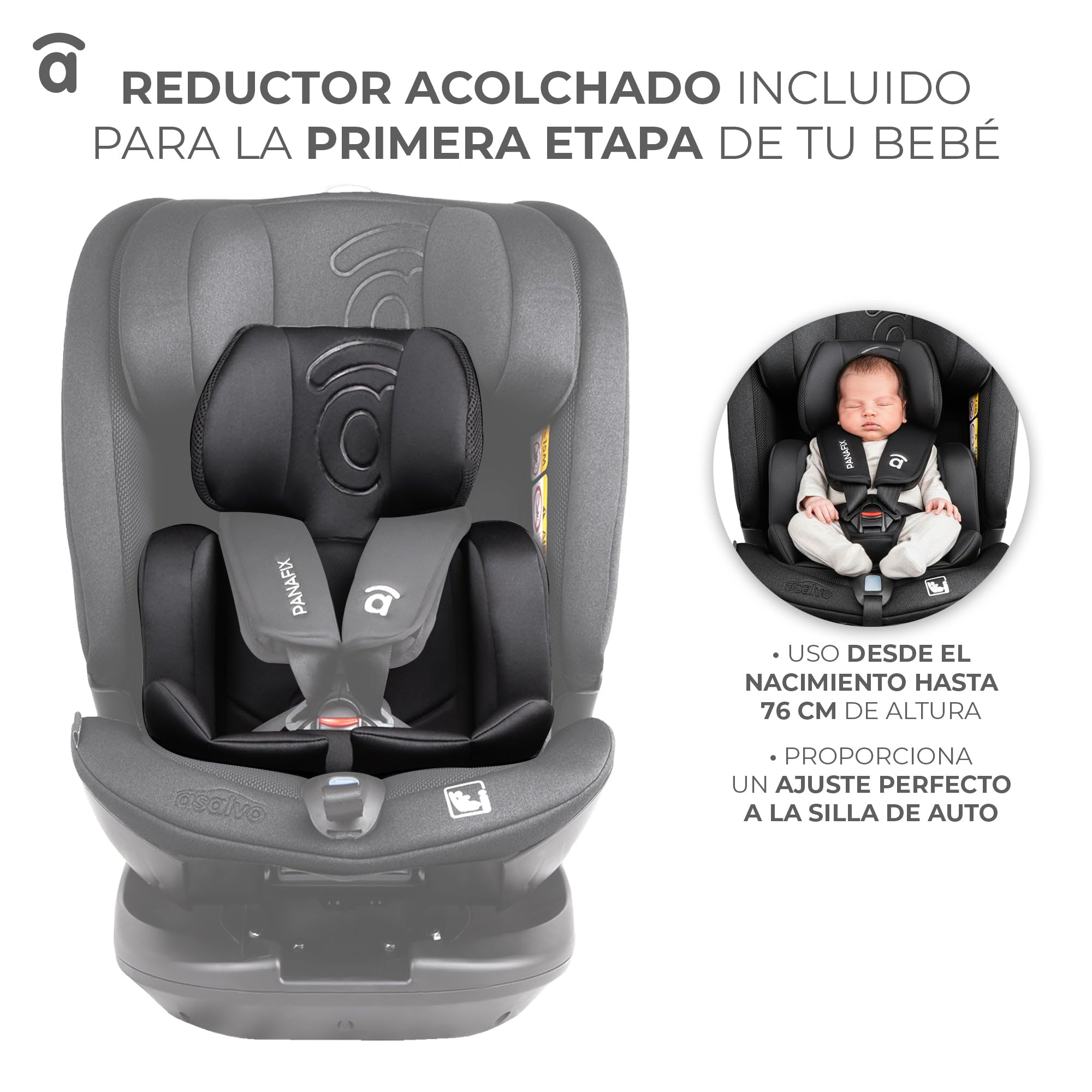 Silla de Coche i-Size 40-150 cm Grupo 0 1 2 3, ISOFIX + Top Tether, Giro 360°, Contramarcha hasta 105 cm, Reclinable – Asalvo Panafix Gris
