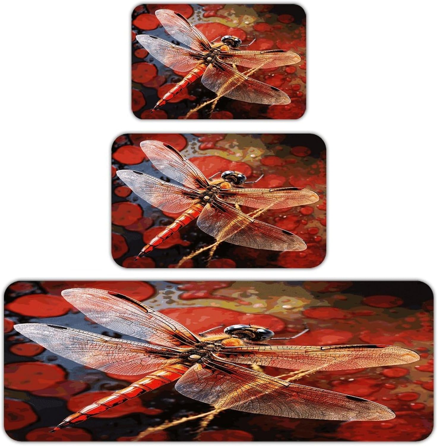 Red Dragonfly Kitchen Rugs Set of 3 Non Slip Washable Kitchen Mats for Floor Soft Area Rug Kitchen Floor Mat Cushioned Anti Fatigue Mats Standing Sink Mat Decor Runner Rugs