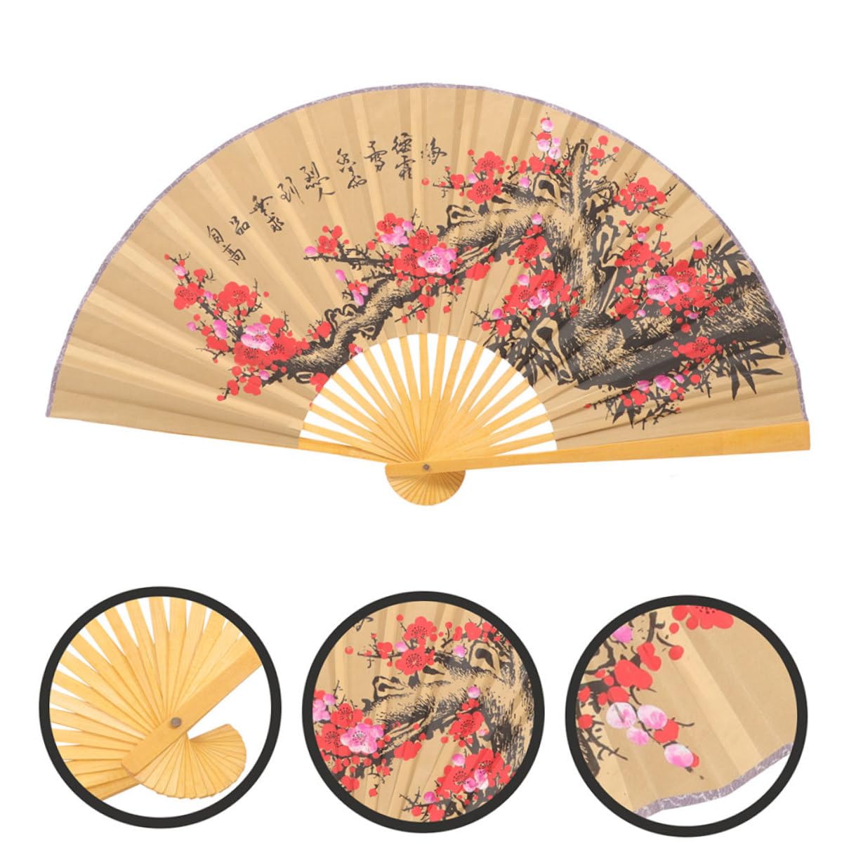 2 Stück Großer Papierfächer im Chinesischen Stil mit Blumenmuster Traditionelle Wanddekoration aus Papier und Holz für Feierlichkeiten und Hochzeitsatmosphäre
