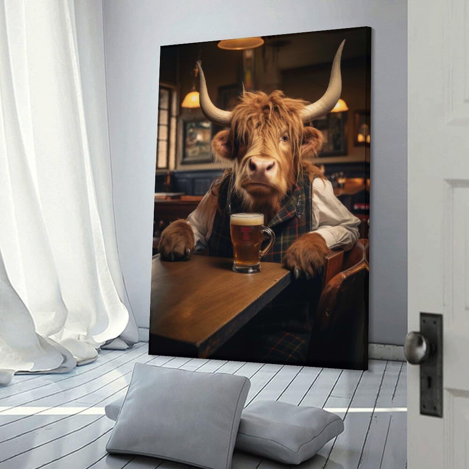 Junmoney Frame-Style-9 Decorative Wall Artwork Highland Cow In The Tavern, 24X36inch(60X90cm), For Contemporary Homes, Apartments Or Offices, An Easy Choice For New Home Styling