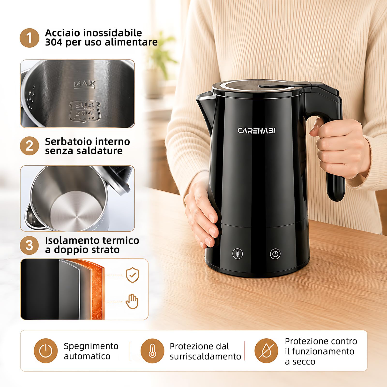 Bollitore Elettrico Temperatura Regolabile 1.7L, 2200W Senza BPA | Bollitore Elettrico con Schermo e Controllo Temperatura Mantenimento del Calore 12 Ore Interno in Acciaio Inossidabile 304