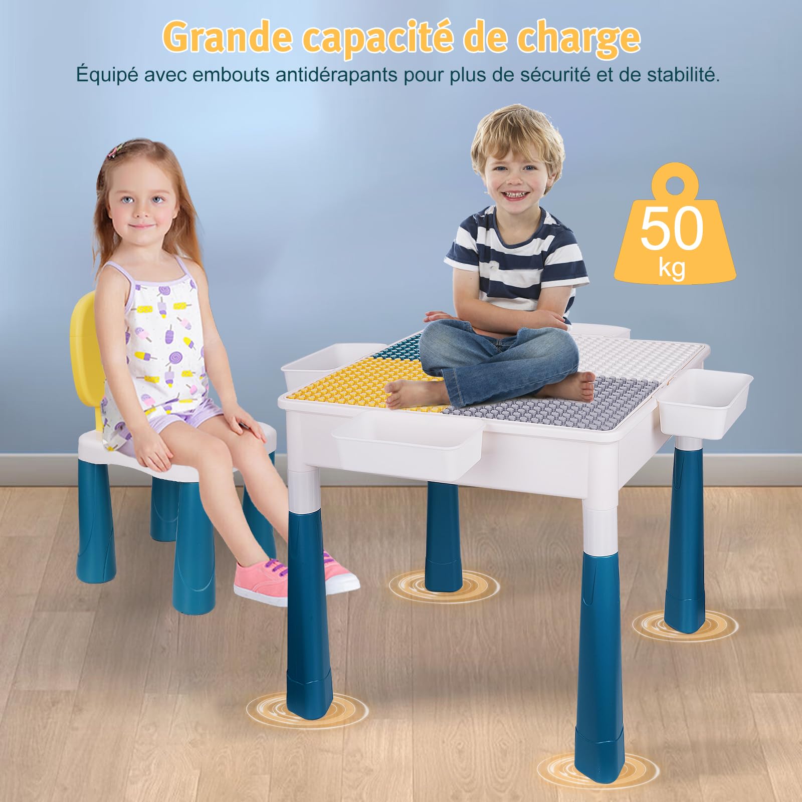 Table de Construction Multifonctionnel pour Enfant avec Chaise pour Bébé, Hauteur Réglable, Plateau Double Face, Table de Jeu et d'Études (avec 300 Blocs de Construction)