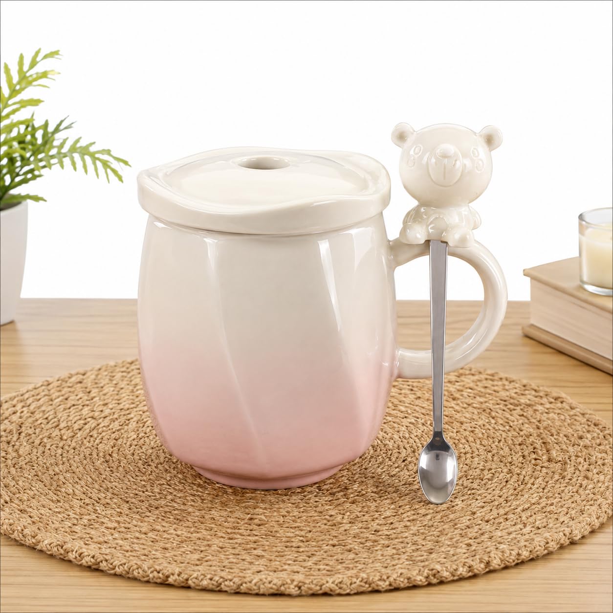 Premium Ceramic Coffee Mug with Lid & Spoon | Large Ceramic Tea Cup | Cute Bear Spoon | Coffee, Tea & Milk Mug | Microwave & Dishwasher Safe | Gift for Women, Kids & Office